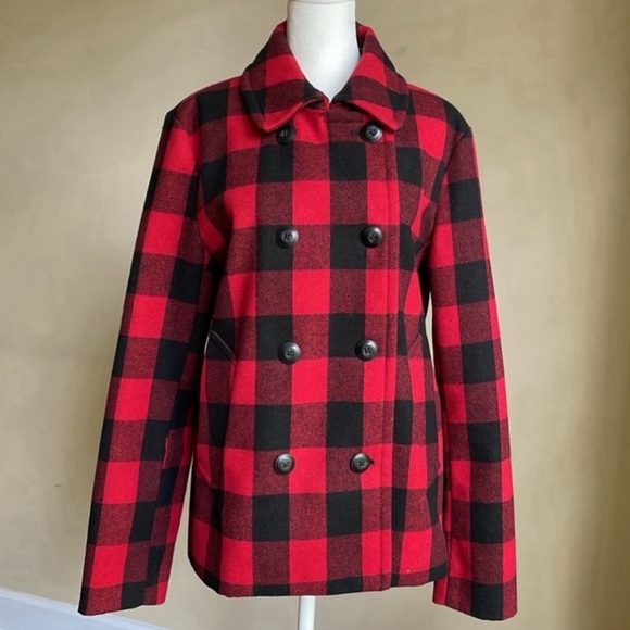 GAP Jackets & Blazers - Gap wool blend pea coat in red and black check. Lined. Front pockets. Size M